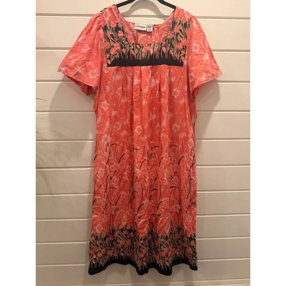 Vintage Loungees Sears 100% Cotton Muumuu House Dress Coral Pink Floral 1X